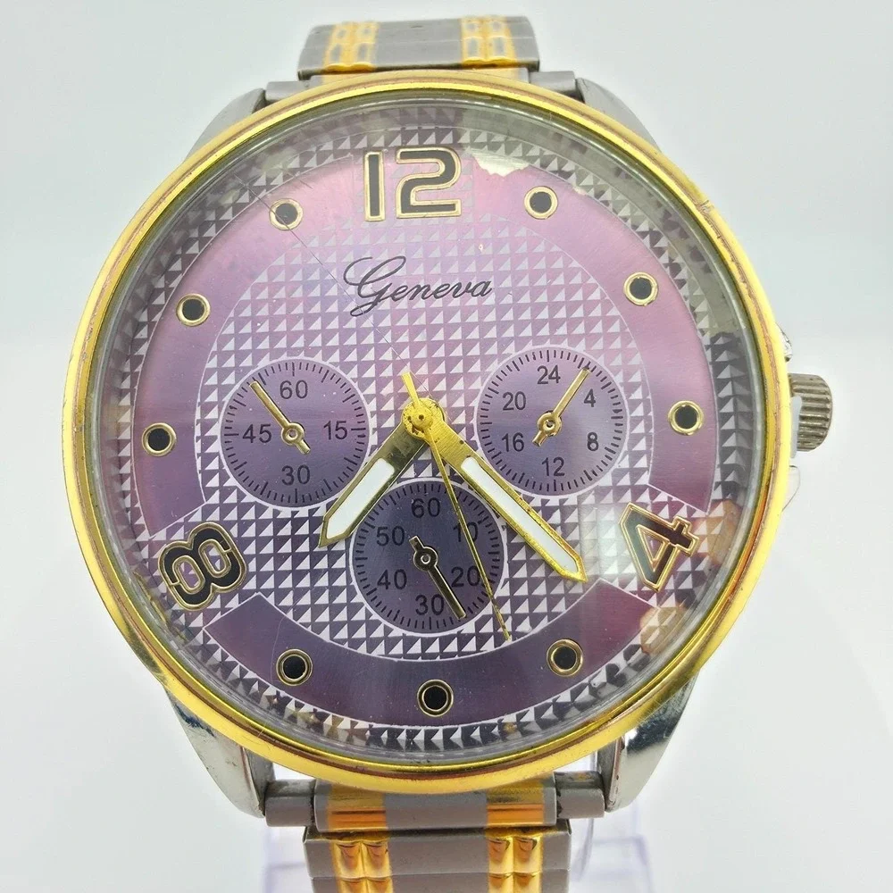 GENEVA Mens Watch Purple Dial Expansion Band Silver Gold Tone Stainless Steel 8